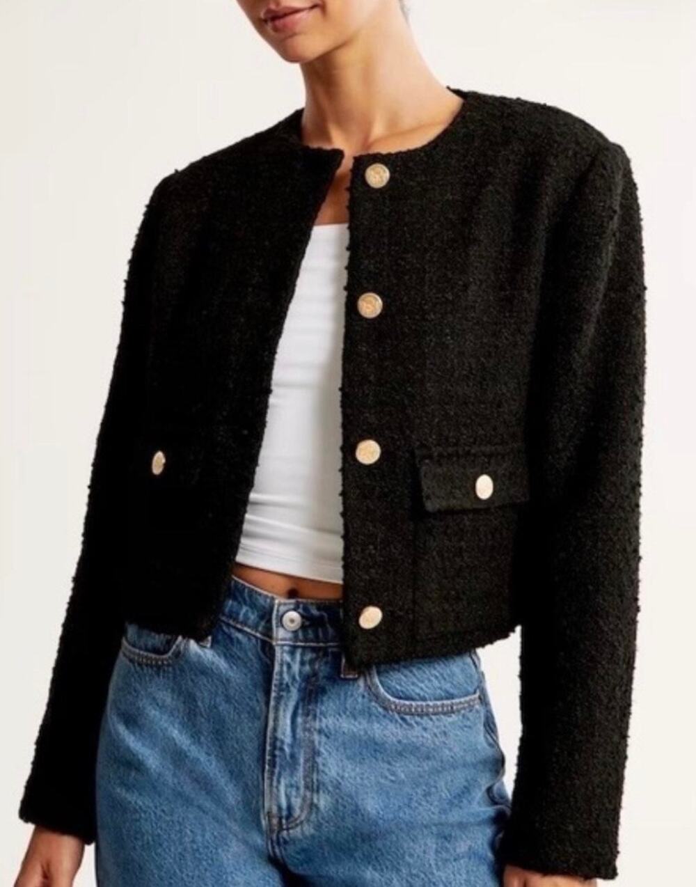 Abercrombie & Fitch Black Bouclé Cropped Jacket Gold Crest Buttons L Old Money